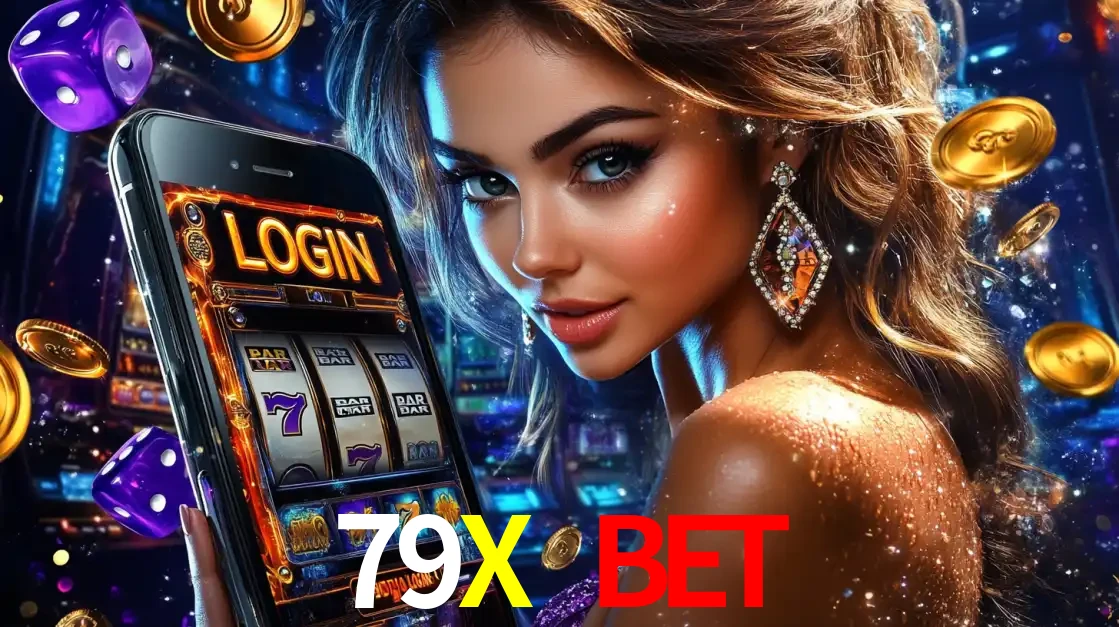 Mulher glamorosa segurando um smartphone com a tela de login para os jogos de caça-níqueis do cassino online 79X BET, com moedas de ouro e dados ao redor.