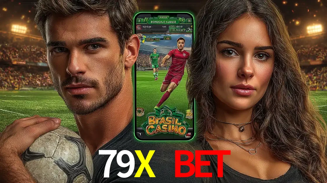Homem segurando uma bola de futebol e uma mulher ao lado de um smartphone exibindo o jogo de apostas esportivas da 79X BET. Faça seu palpite no cassino online.